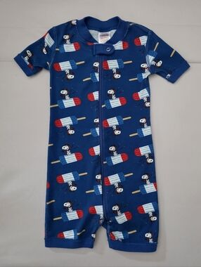 EUC Hanna Andersson Peanuts Blue Short Sleeve One Piece Romper Popsicle Print 3T